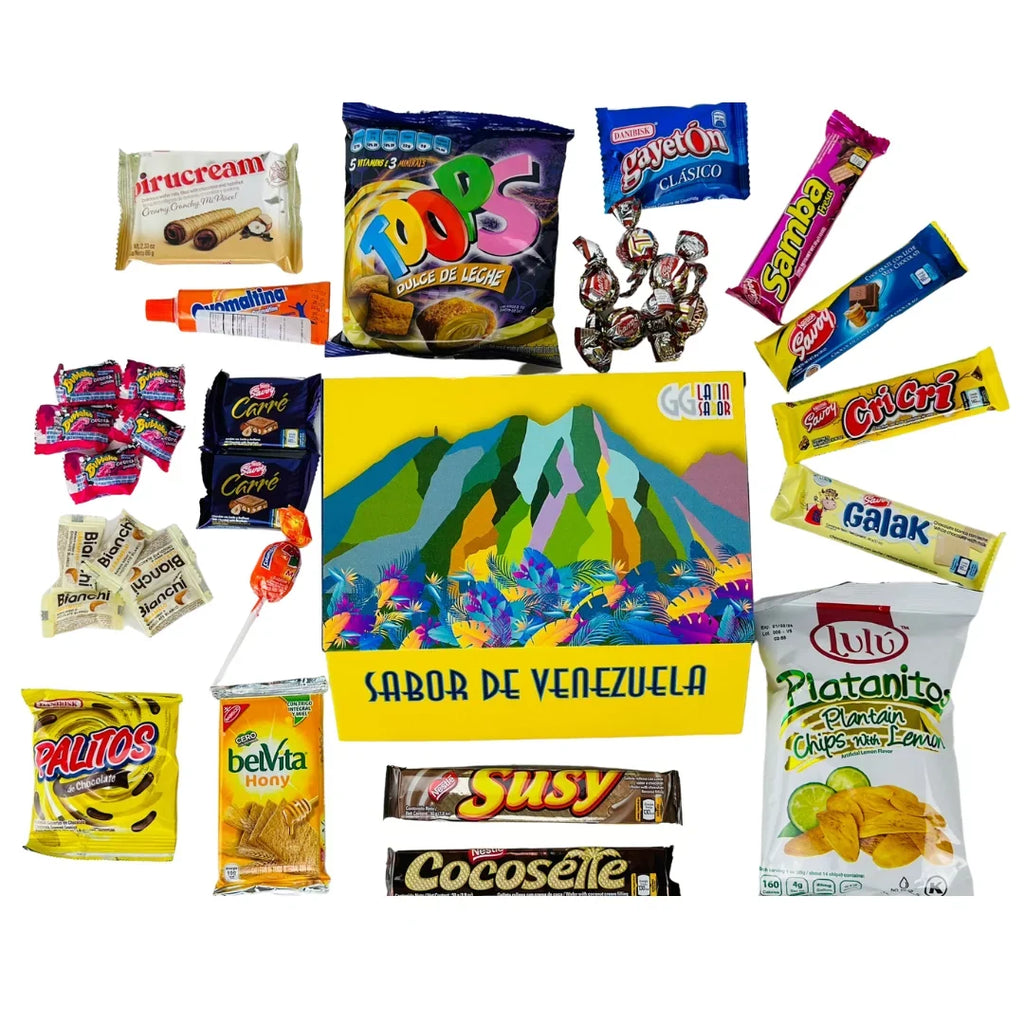 Latin Sabor Venezuela Food Sweet Snacks Gift Crate Box Assorted Cookies, Chips & Candies Mix Variety Pack Cocosette Susy Toronto Chocolate