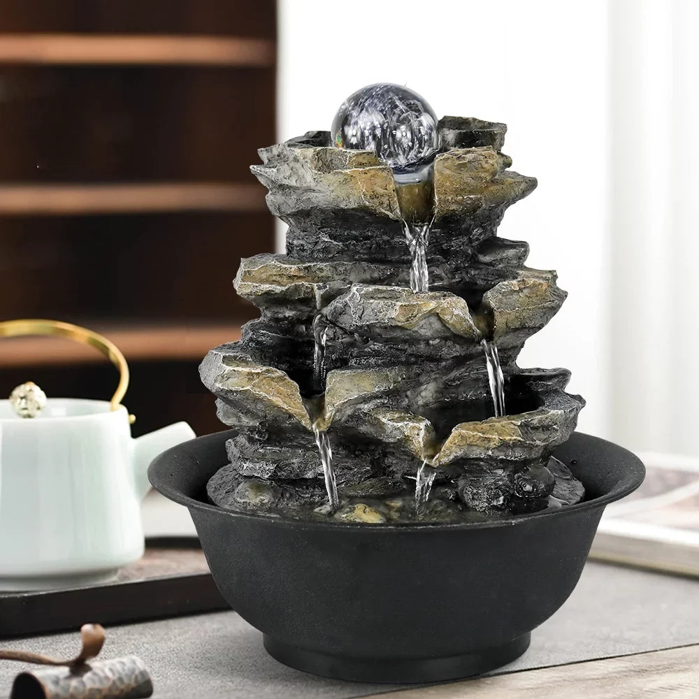 8.3-Inch High 4-Tier Cascading Rock Falls Tabletop Water Fountain With Led Lights For Home And Office Decor