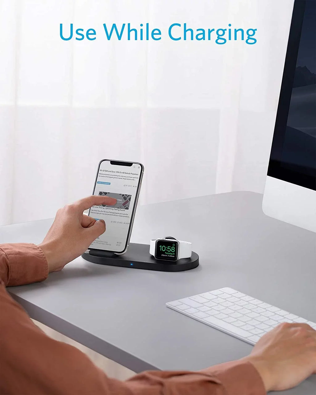 Anker Wireless Charging Station With Qc Charger, Powerwave Sense 2-In-1 Stand With Watch Charging Holder For Apple Watch Se/6/5/4/3/2/1, Iphone Se 2020, 11, 11 Pro (Watch Charging Cable Not Included)