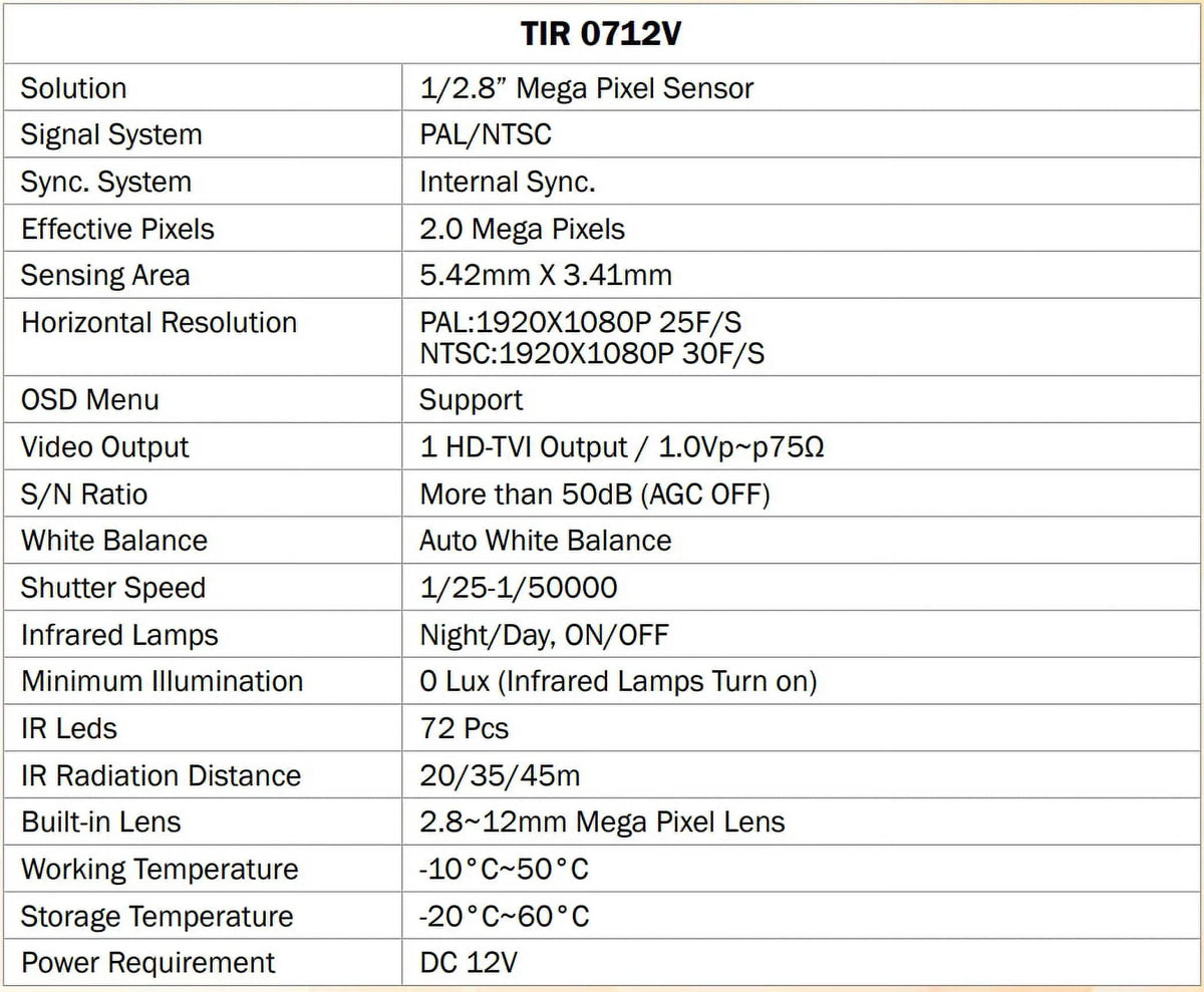 2MP Bullet 12V IR 72 Eyemax exterior LED TIR-0712V 2.8-12mm, HD-TVI Camera, DC