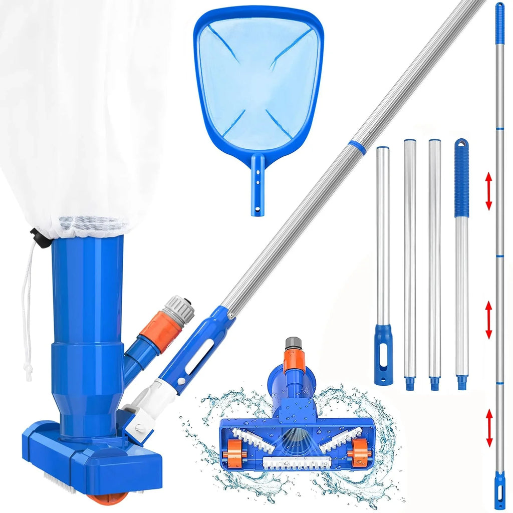 Upgraded Handheld Portable Pool Vacuum Cleaner With Pool Skimmer Net, Swimming Pool Cleaner Kit, 4 Section Poles Of 60" Pool Vacuum Jet Cleaner For Above Ground Pool Pond Spa Fountains Hot Tub