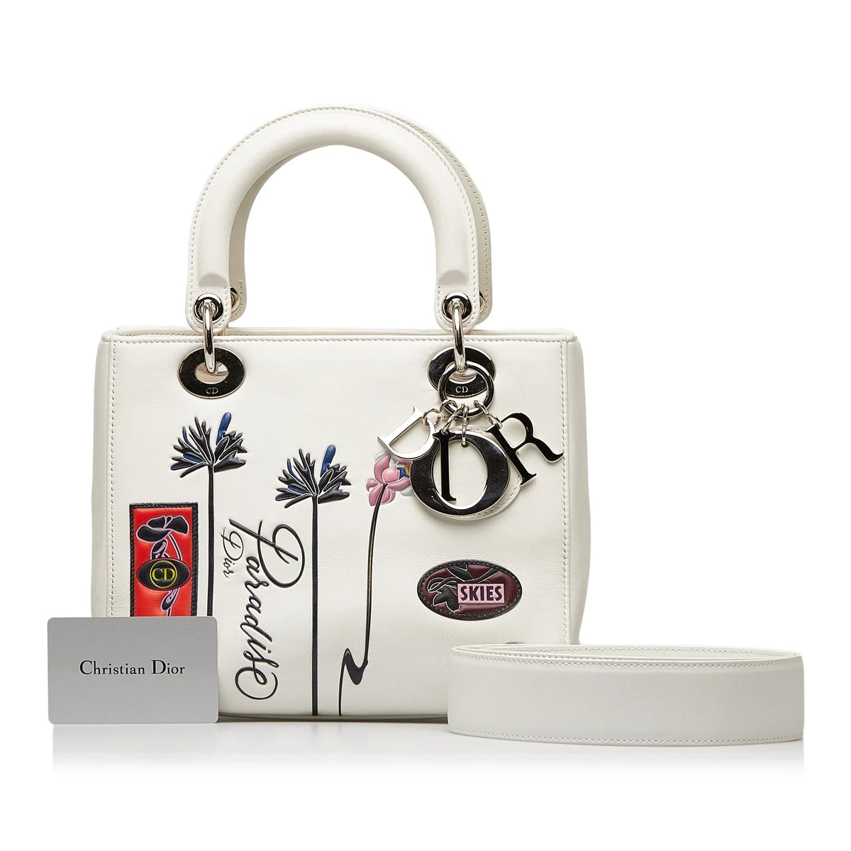 Dior White Lambskin Authenticated Leather Satchel Lady Unisex Pre-Owned Paradise (Good) Medium