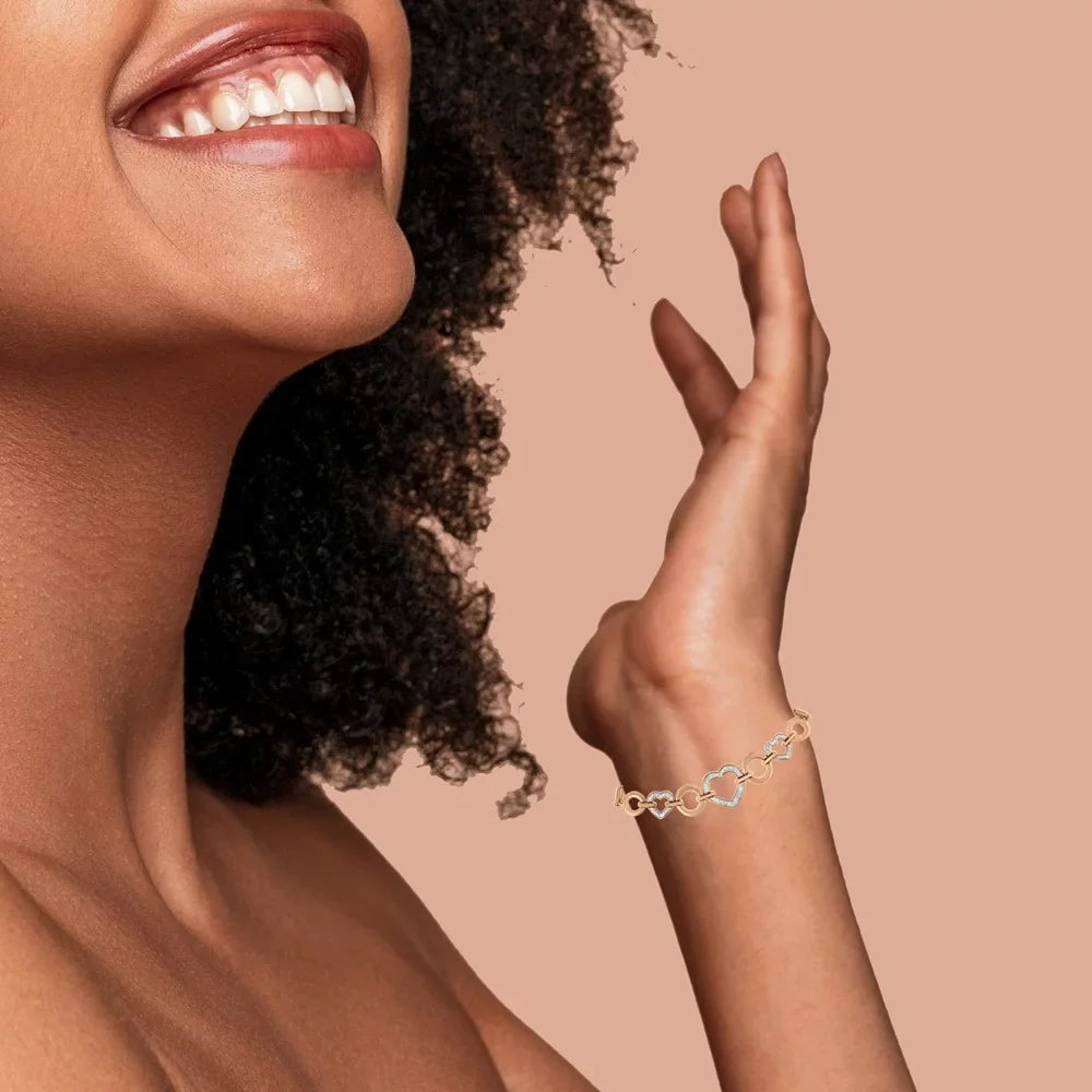 14K Rose Gold Plated .925 Sterling Silver Diamond Accent Circle And Heart Link Adjustable 6”-10” Bolo Bracelet (I-J Color, I3 Clarity)