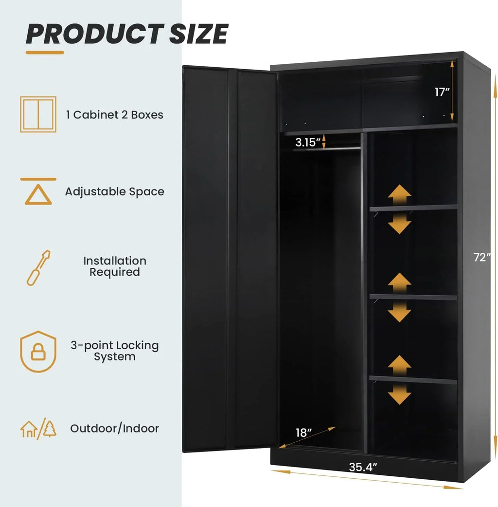 Hoomhibiu Metal Cabinets Locker With Locking Door 72'' Clothing Coat Steel Wardrobe Cabinet With Lock And Shelves For Office Home Garage Employee Freestanding (Black)