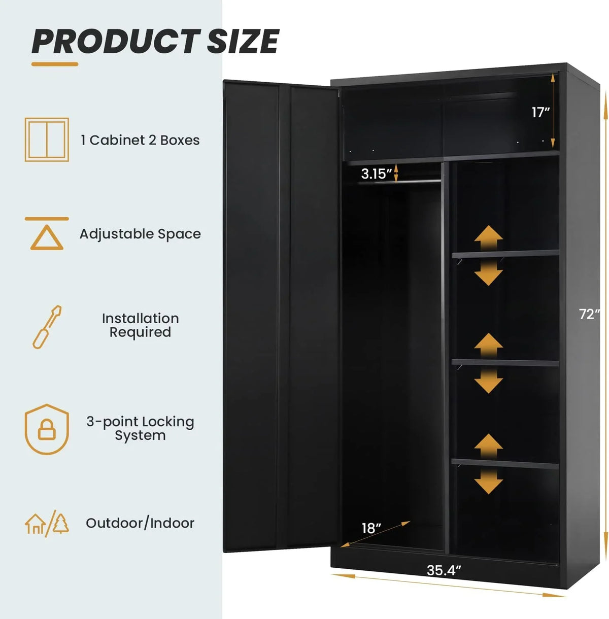 Hoomhibiu Metal Cabinets Locker With Locking Door 72'' Clothing Coat Steel Wardrobe Cabinet With Lock And Shelves For Office Home Garage Employee Freestanding (Black)