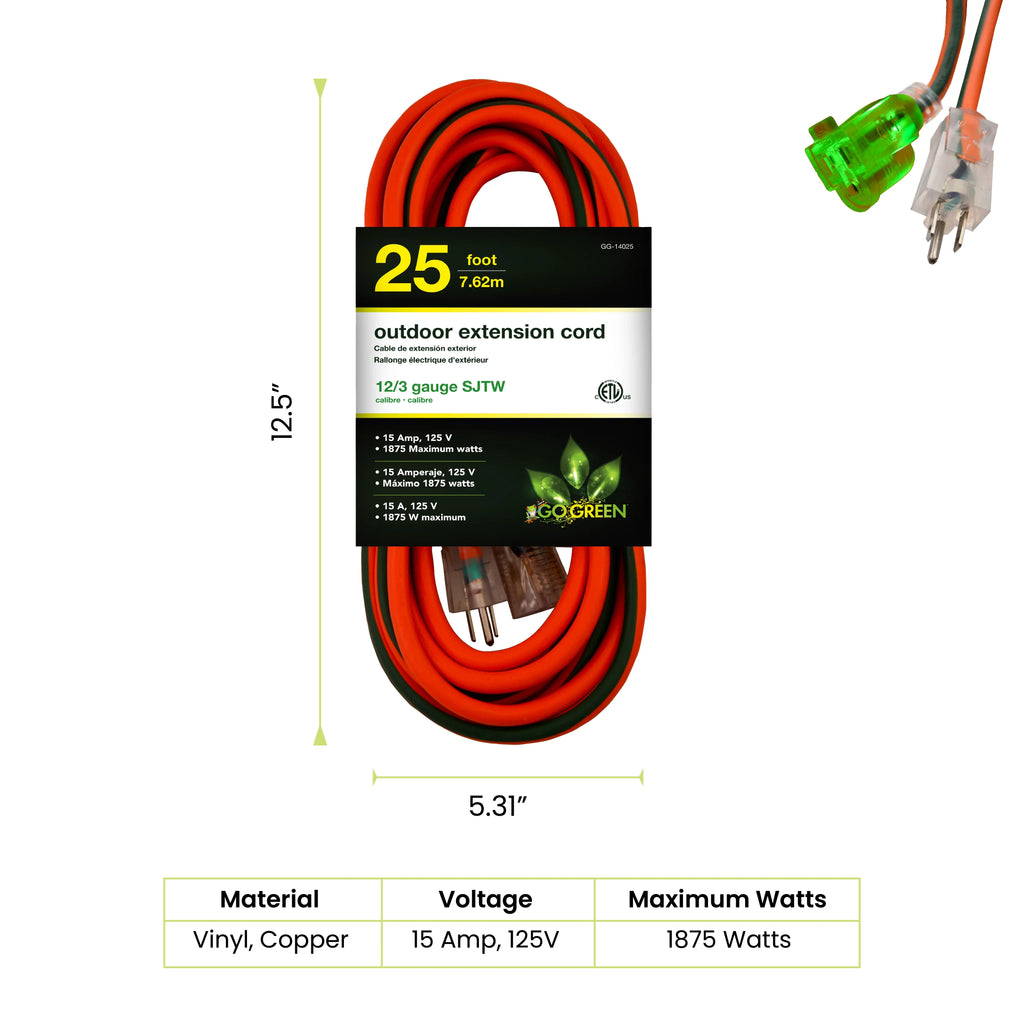 exterior 12/3 Ft Extension 25 Lighted Cord, SJTW (GG-14025) 25’ End, Power GoGreen