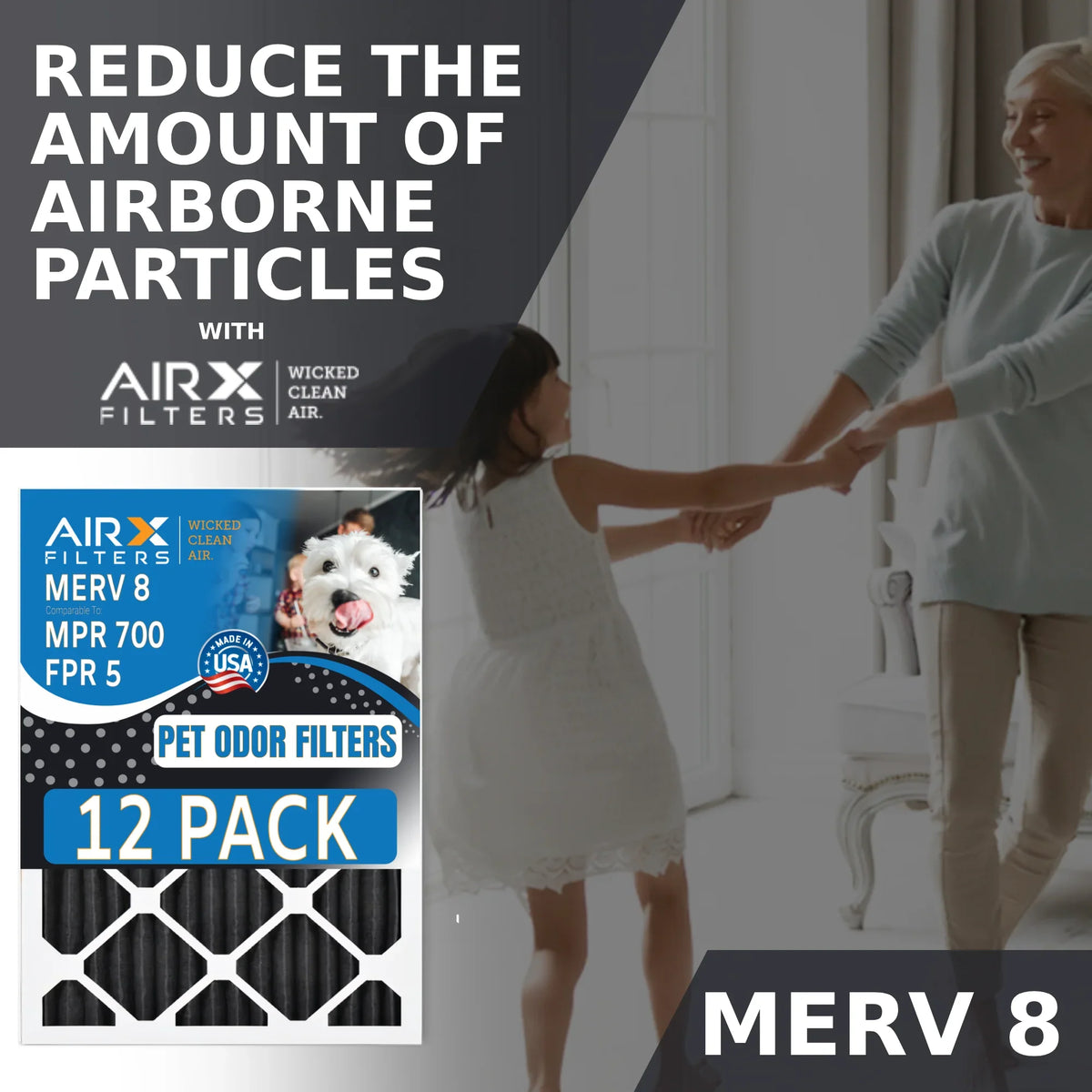 AIRX CLEAN AIR. USA MPR - 8 Rating, Filters Comparable WICKED Air Odor Filter in Made to Pack 12x24x1 by Retention FPR MERV of FILTERS 700, Furnace Filters 12 5, Pet