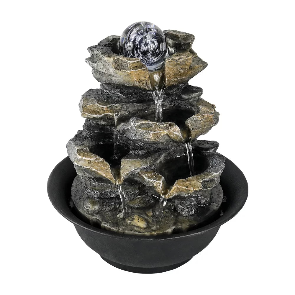 8.3-Inch High 4-Tier Cascading Rock Falls Tabletop Water Fountain With Led Lights For Home And Office Decor