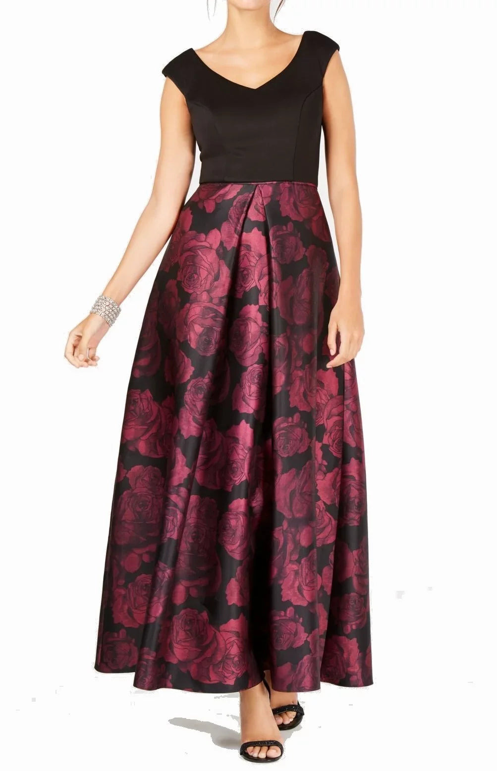 Sl Fashions Women'S Printed Satin Gown (6, Black/Magenta)