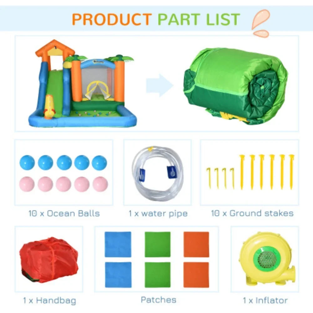 Outsunny 6-In-1 Tropical Inflatable Water Slide Summer Theme Jumping Castle Includes Floating Ball Slide Trampoline Pool Cannon Climbing Wall With Carry Bag, Repair Patches And 450W Air Blower