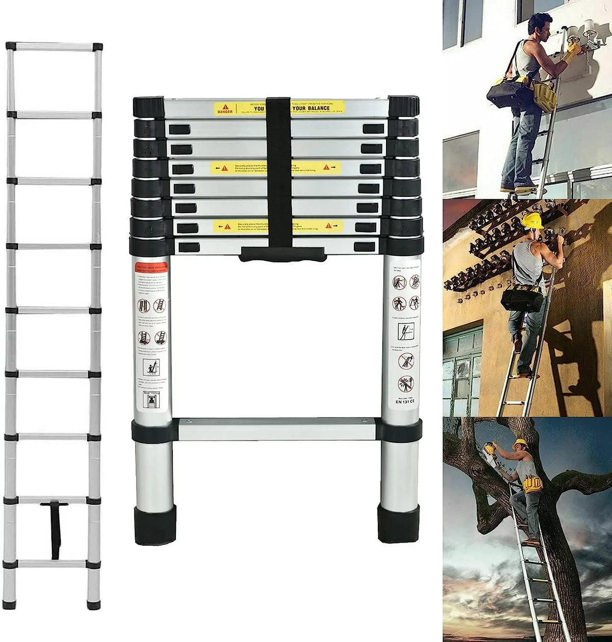 Telescoping Ladder, 8.5 Ft Aluminum Extension Ladder Step Ladders Loft Ladder Attic Ladder Collapsible Ladders For Home, Multi-Purpose Telescopic Compact Ladder For Roof, 330 Pound , En131