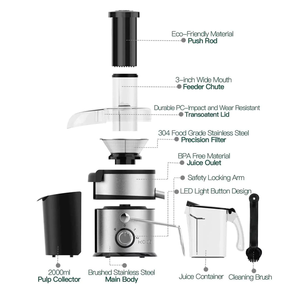 Chute, & Juicer Black Extra Wide w/ Centrifugal Vegetable Fruit Koios Feed