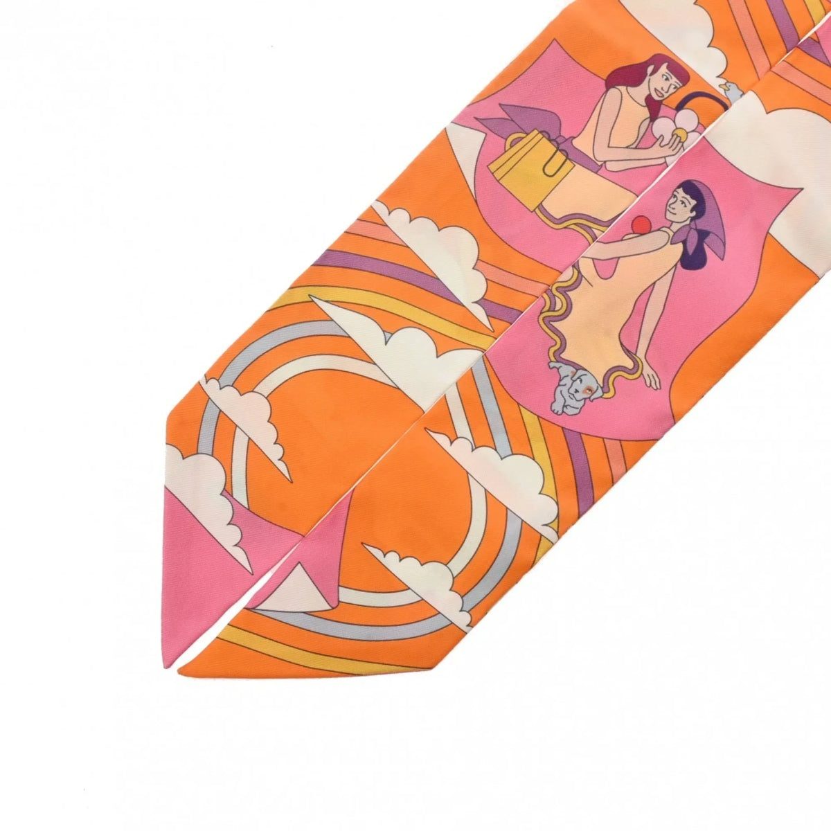 Silk Volants Muffler - (Like Scarf New) Orange/Rose/Mauve HERMES 100% Pre-Owned Women's Twilly Carres