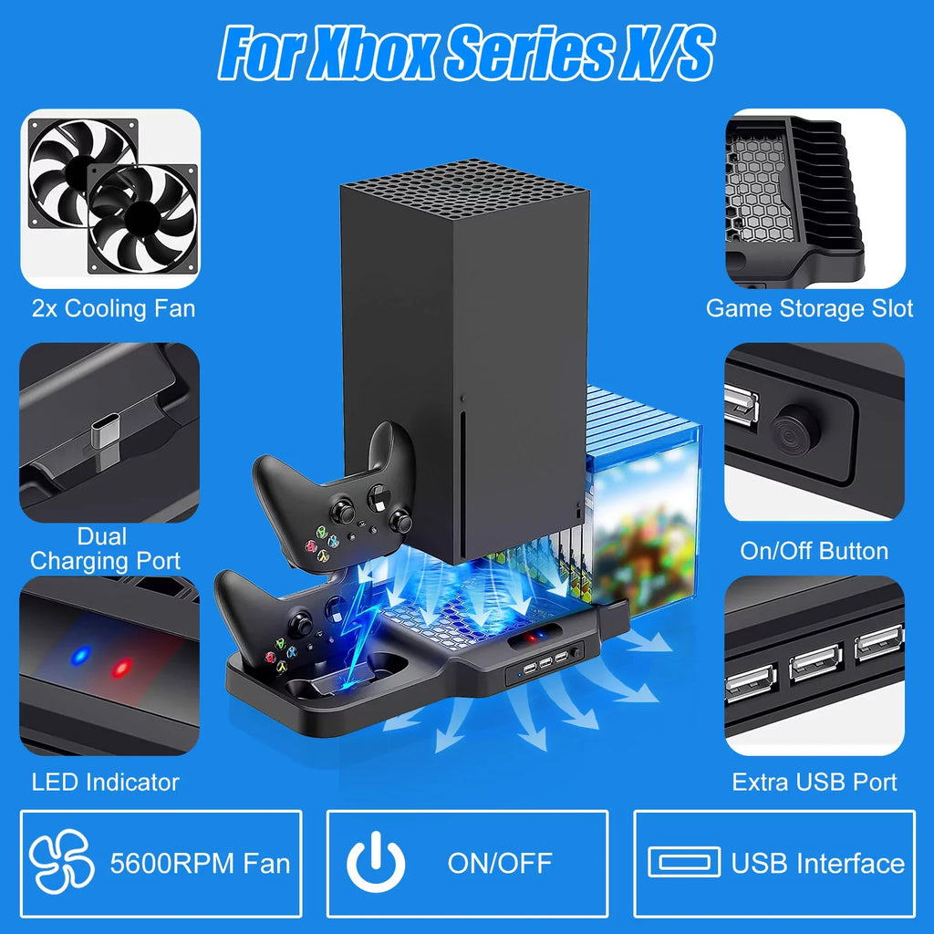 Vertical Stand Fit For Xbox Series X/S With 2 Cooling Fans, Eeekit Dual Controller Fast Charging Dock Station Fit For Xbox Series S/X With 3 Usb Ports, 11 Game Disc Slots