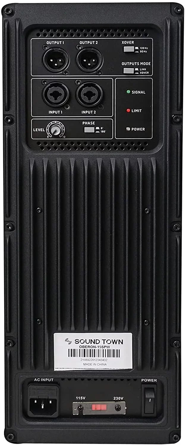 Black Class-D (OBERON-15SPW) Voice Magnet, PA/DJ 1400W 15" DSP Selectable oz Town 4" OBERON Coil, Sound Amplifier, 100 Subwoofer Birch Output Series LPF and Powered with Plywood, Modes,