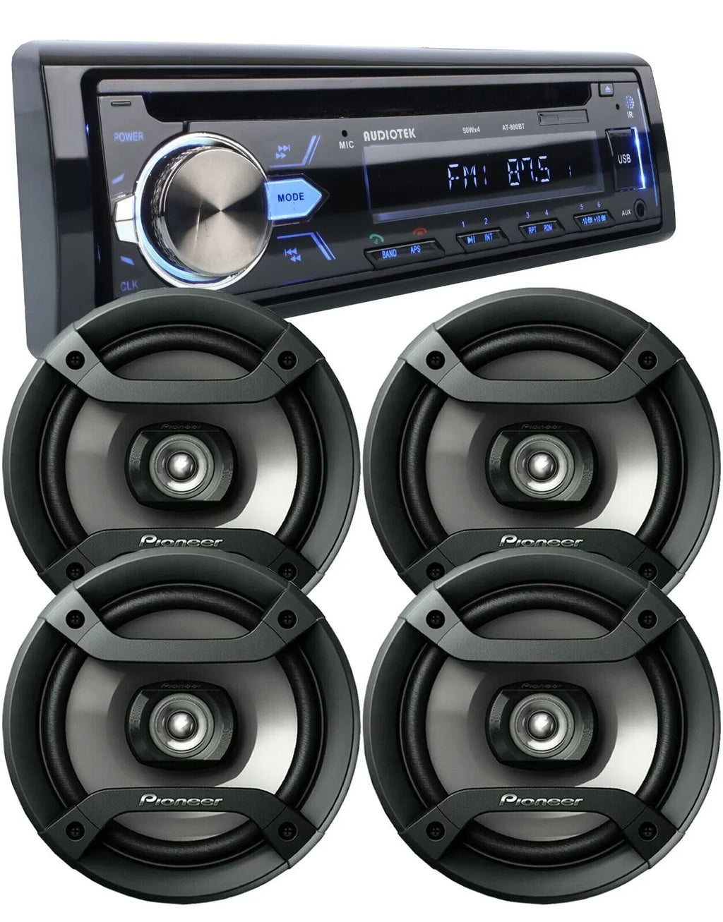 Audiotek Pioneer 4X Receiver + Bluetooth CD AM Speakers Car FM 1-Din Audio 6.5" Bundle