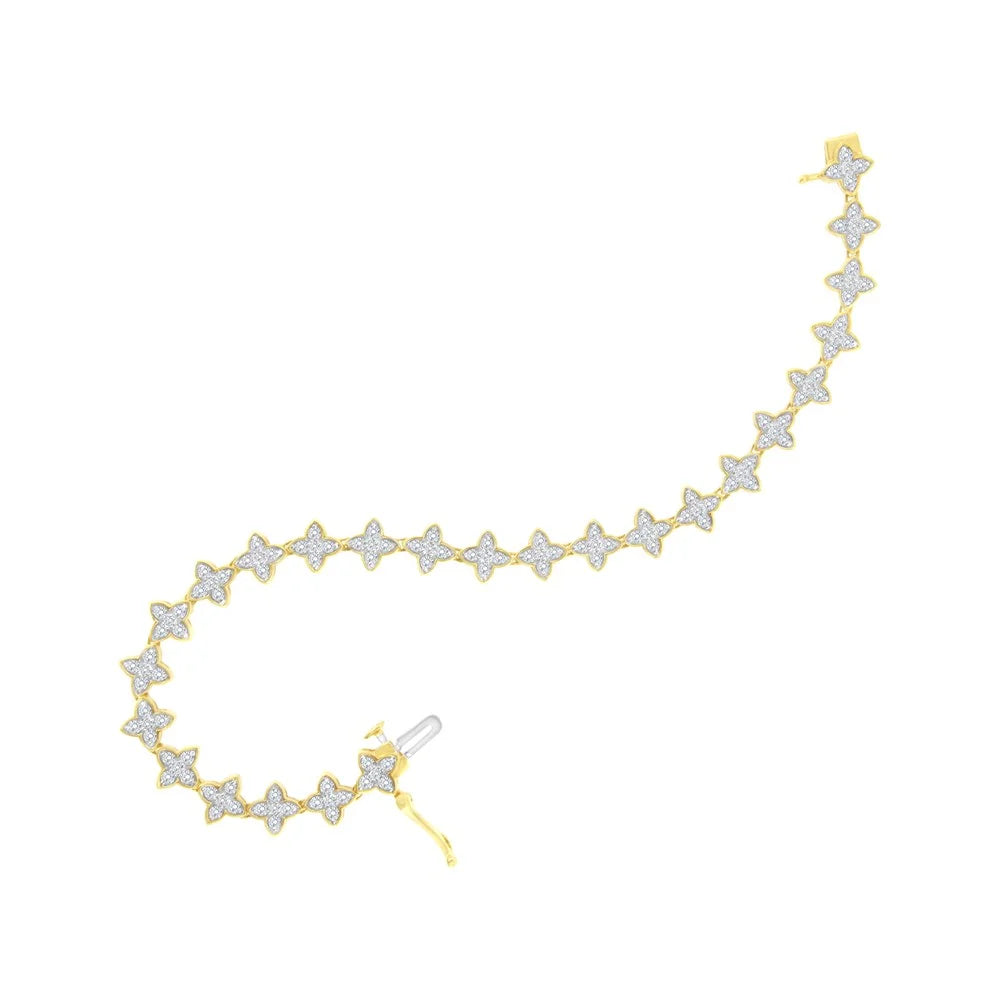 10K Yellow Gold 2.0 Cttw Round-Cut Diamond 4 Leaf Clover Link Bracelet (J-K Color, I1-I2 Clarity) - 7.25"