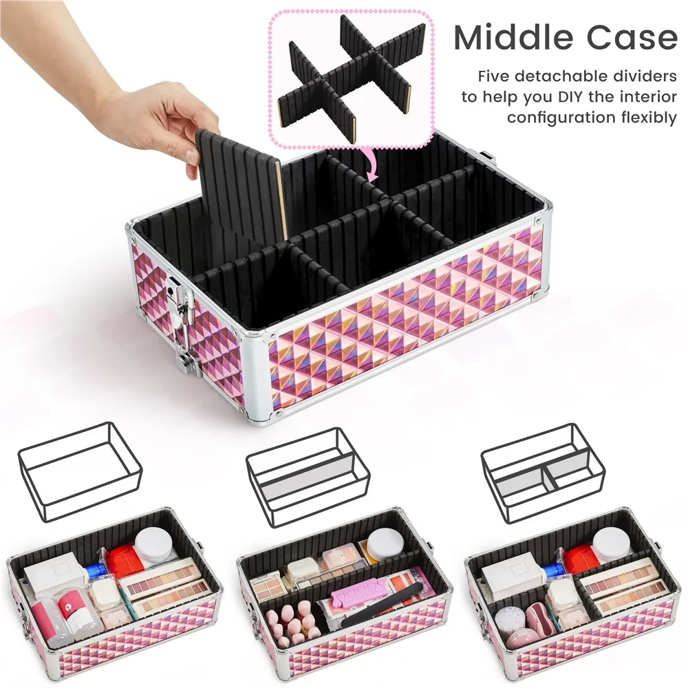 with 3-in-1 Trolley Large Makeup Rolling Case Storage, Topeakmart Pink Train Cosmetic