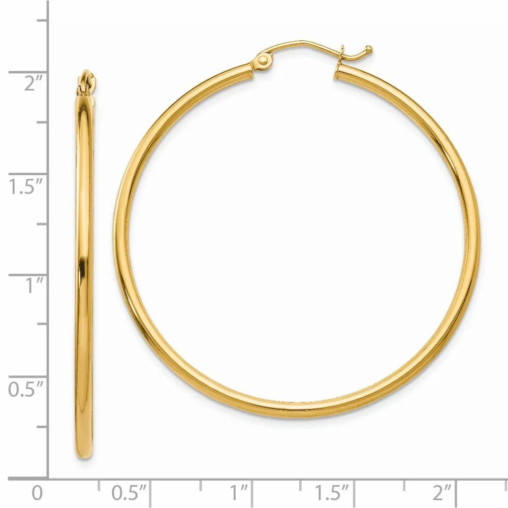 Real 14Kt Yellow Gold Polished 2Mm Lightweight Tube Hoop Earrings; For Adults And Teens; For Women And Men