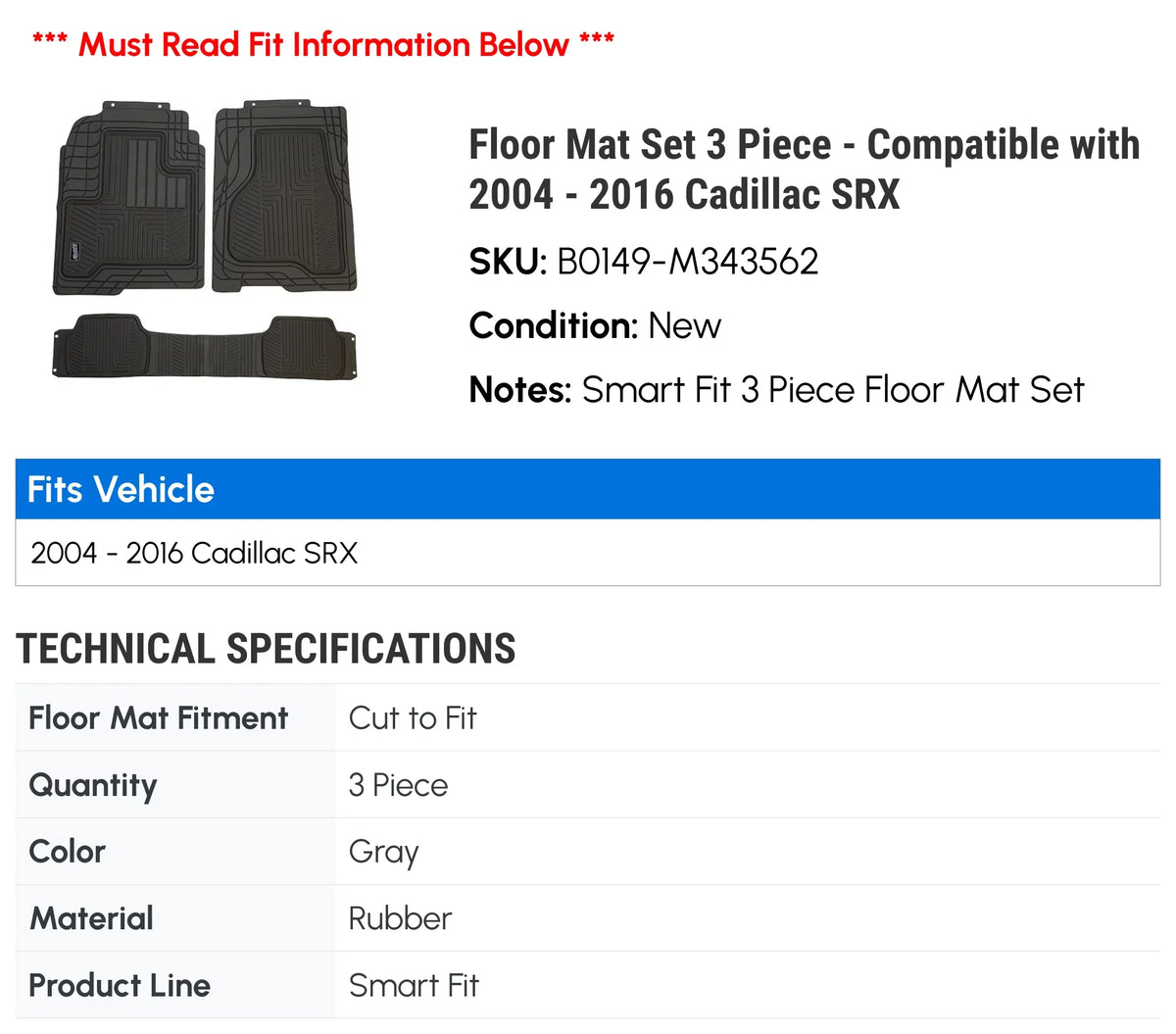 Floor Mat Set 3 Piece - Compatible With 2004 - 2016 Cadillac Srx 2005 2006 2007 2008 2009 2010 2011 2012 2013 2014 2015