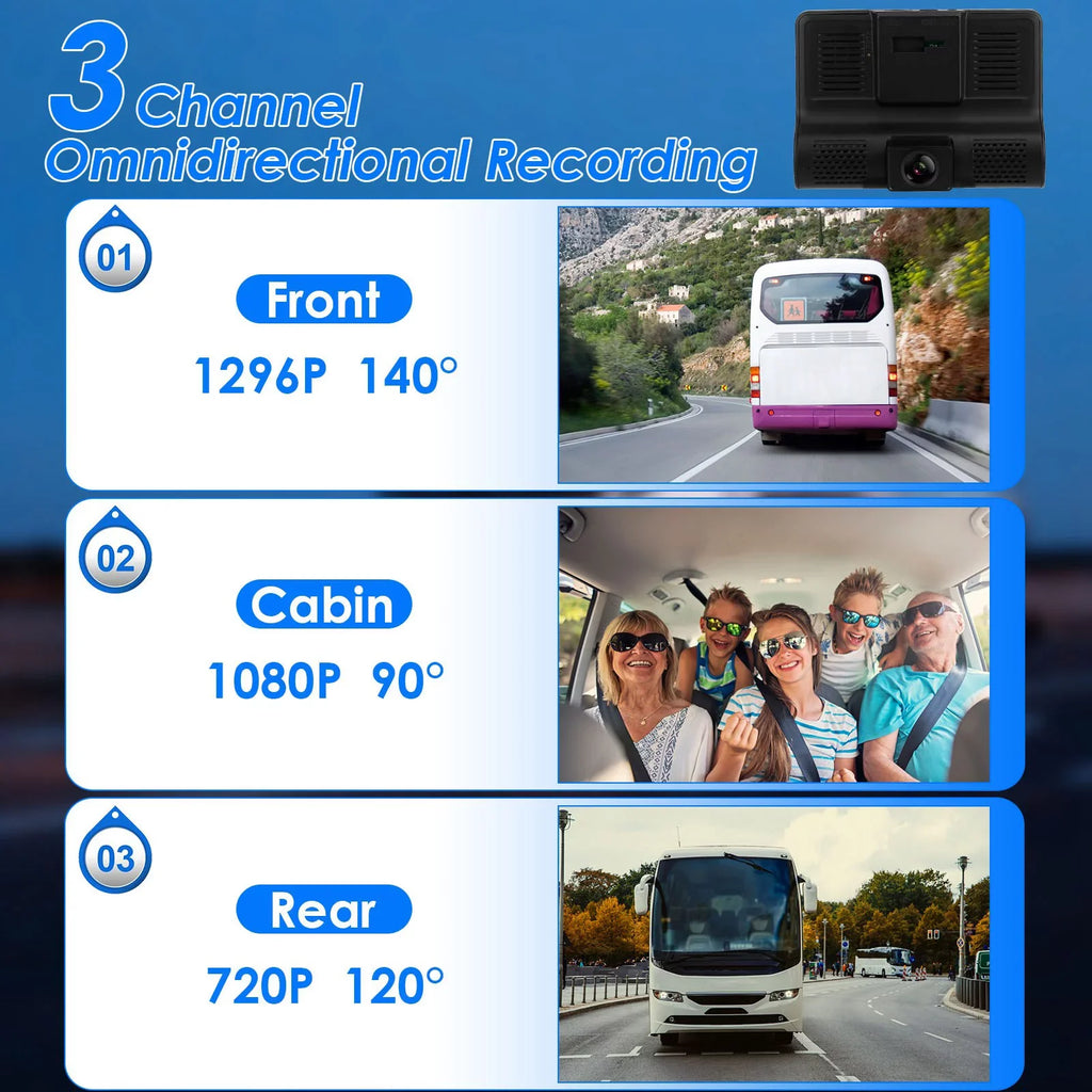 Imountek Dash Cam For Cars, 1296P Full Hd Dash Camera With 4Inch Lcd Display, 3 Channel Dash Cam With Night Vision, Driving Recorder