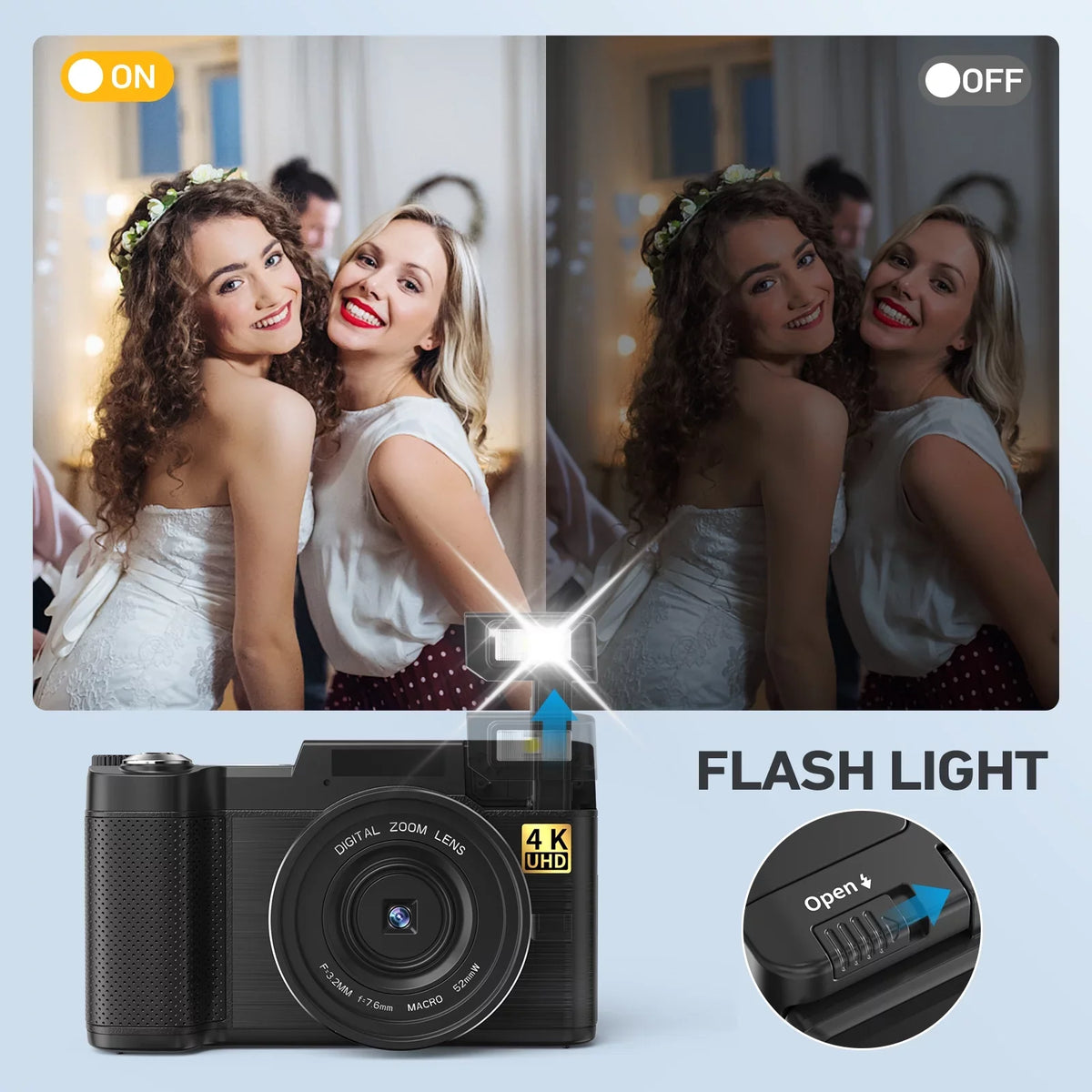 3’’ 4K Camera Digital Screen Vlogging Function Flash, Photography with Liftable 16X & Digital Camera YouTube Zoom Camera for Macro 48MP 180°Flip MARVUE