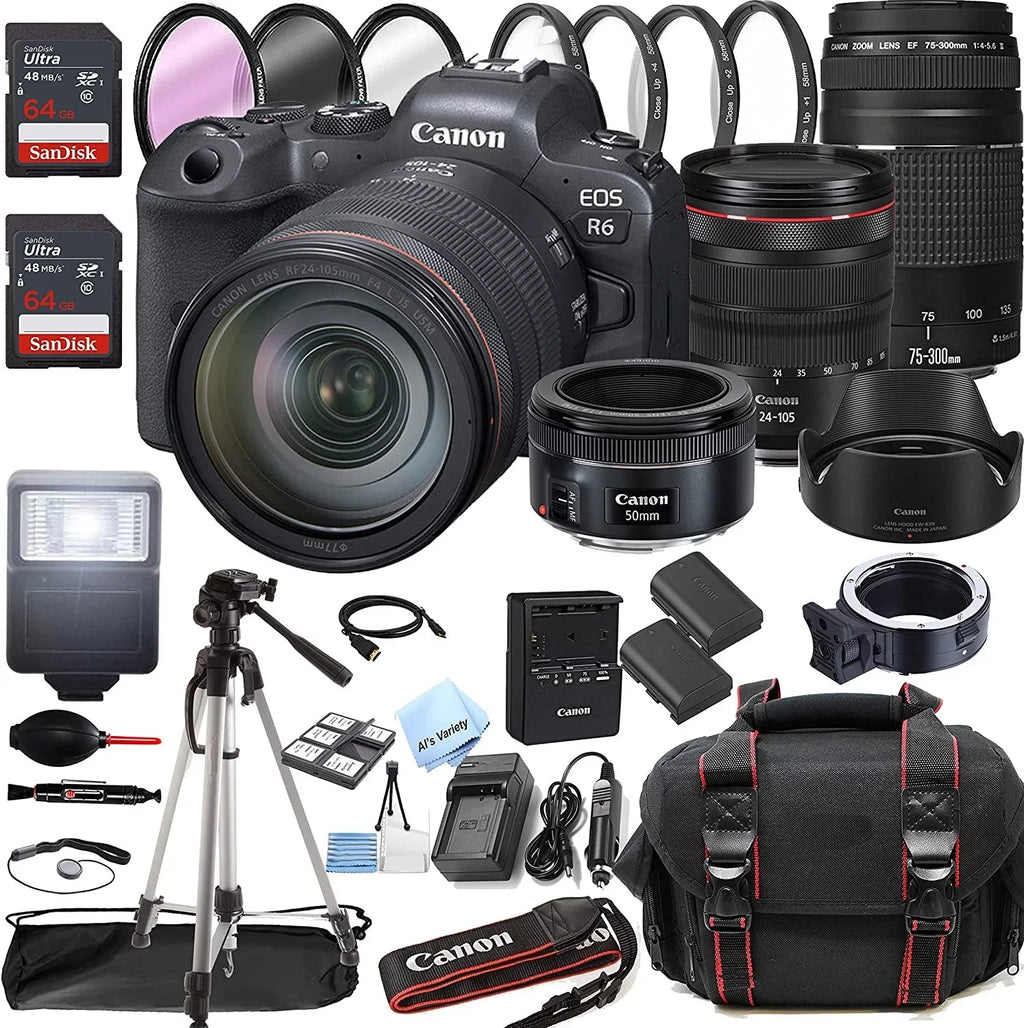 Canon Eos R6 Mirrorless Digital Camera With Rf Rf 24-105Mm F/4 L Is Usm Lens + 75-300Mm F/4-5.6 Iii Lens + 50Mm F/1.8 Stm Lens + 128Gb Memory + Case + Tripod + Filters 42Pc Bundle