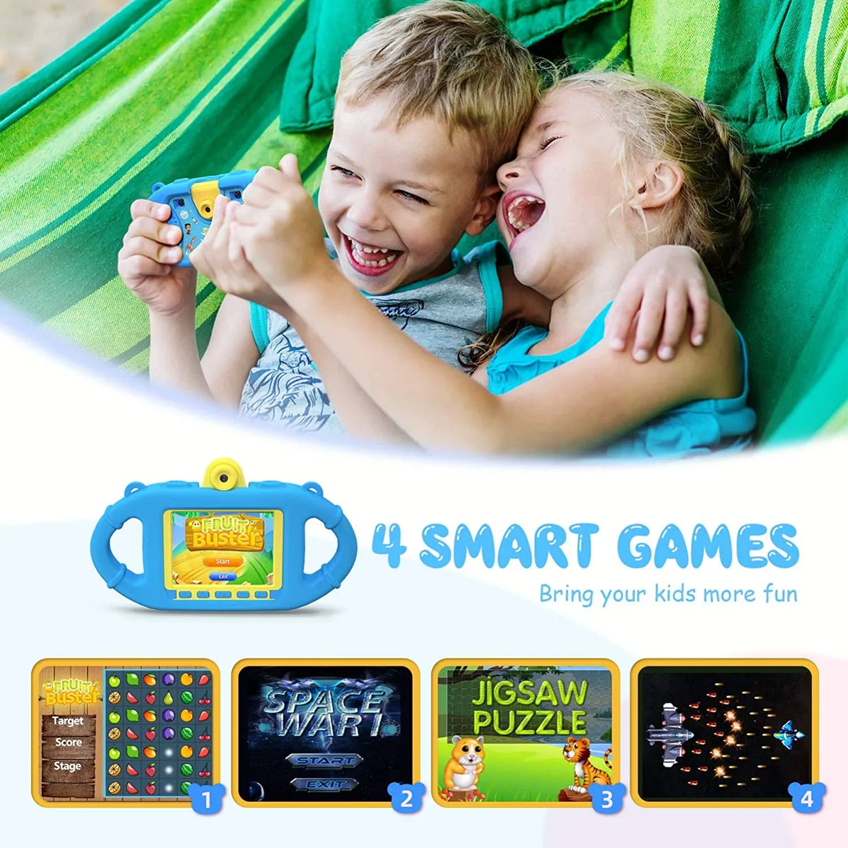 / 4 2.4 with Extra 1080P Camera K8 Silicon Screen, Video Junior 32GB Large Case Waterproof Fill Kids Recognition, Light, Selfie Face Blue inch Memory Kid-Proof 8MP Camera Games, Supported VanTop Card,