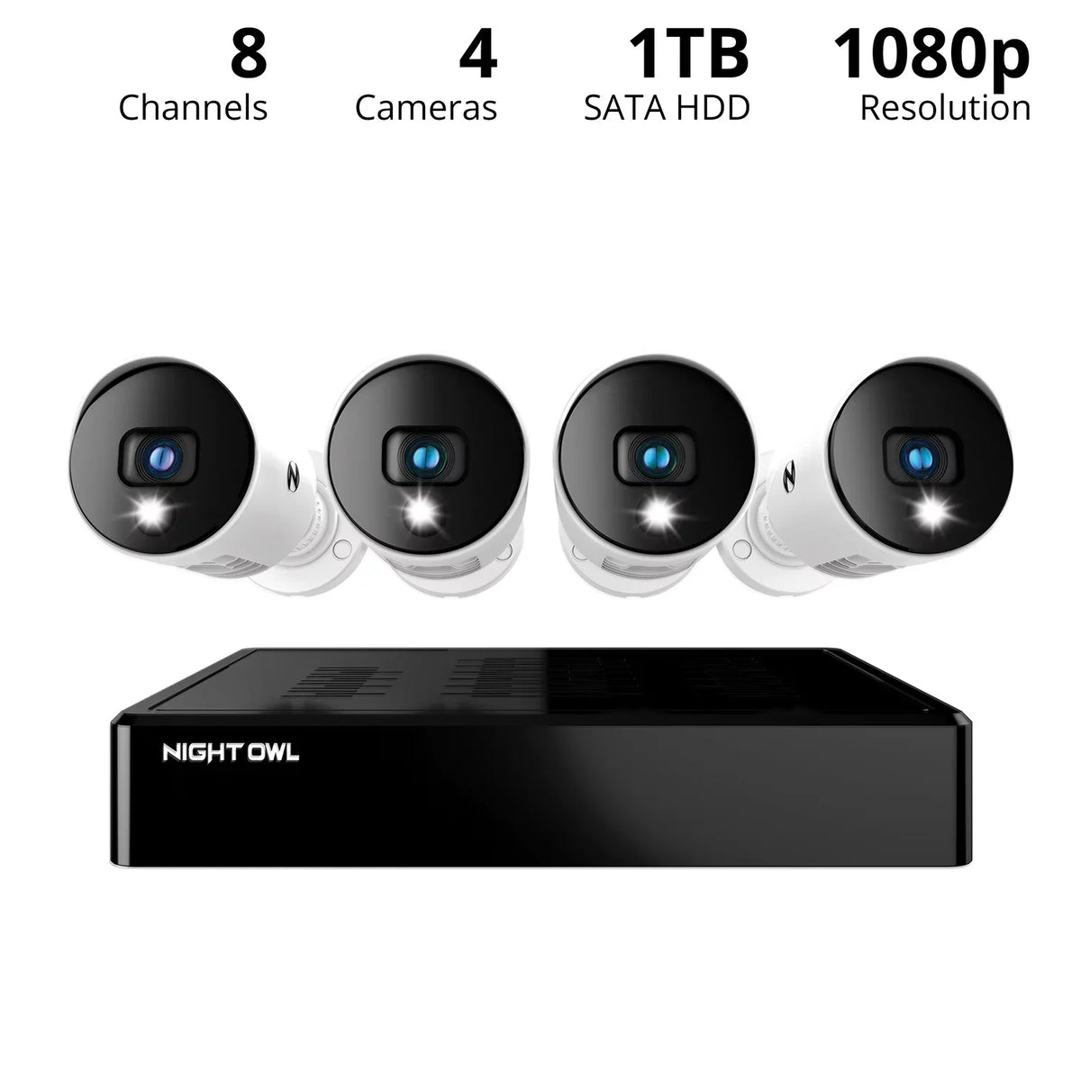 1080p DVR Security Cameras, Connector HD 1TB Drive, Spotlight Night and with 8 Channel 4 exterior, Owl HDMI Bluetooth Hard Wired
