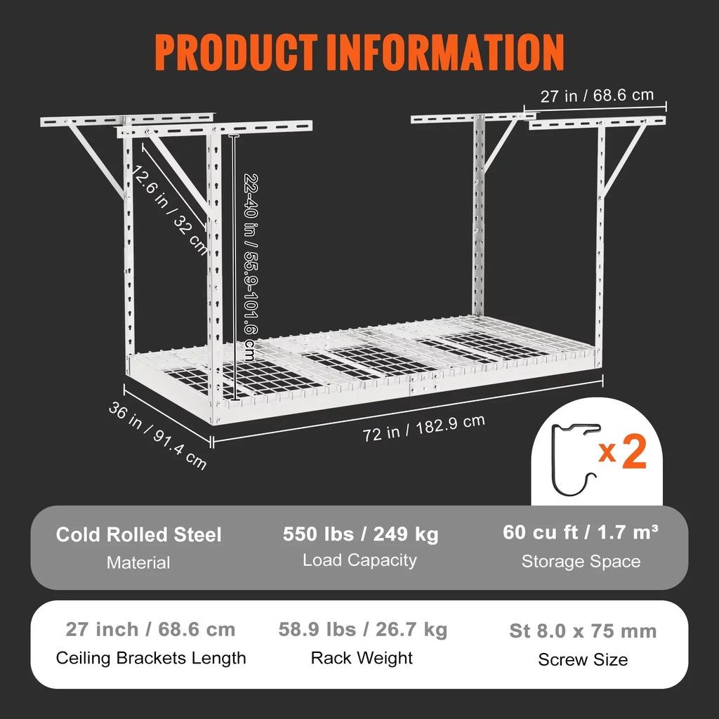 Adjustable White VEVOR Rack Overhead 36x72in Storage Ceiling Garage 550lbs Rack