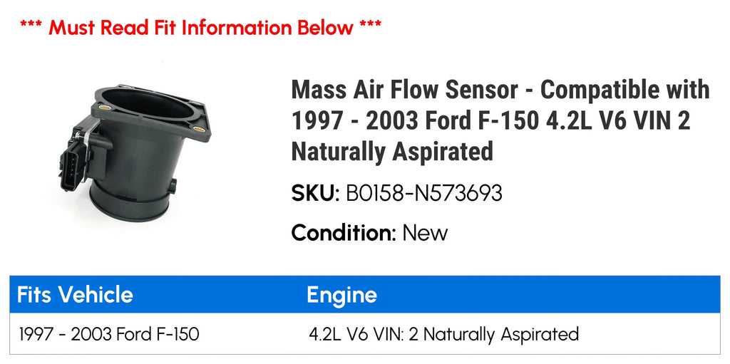 Mass Air Flow Sensor - Compatible With 1997 - 2003 Ford F-150 4.2L V6 Vin 2 Naturally Aspirated 1998 1999 2000 2001 2002