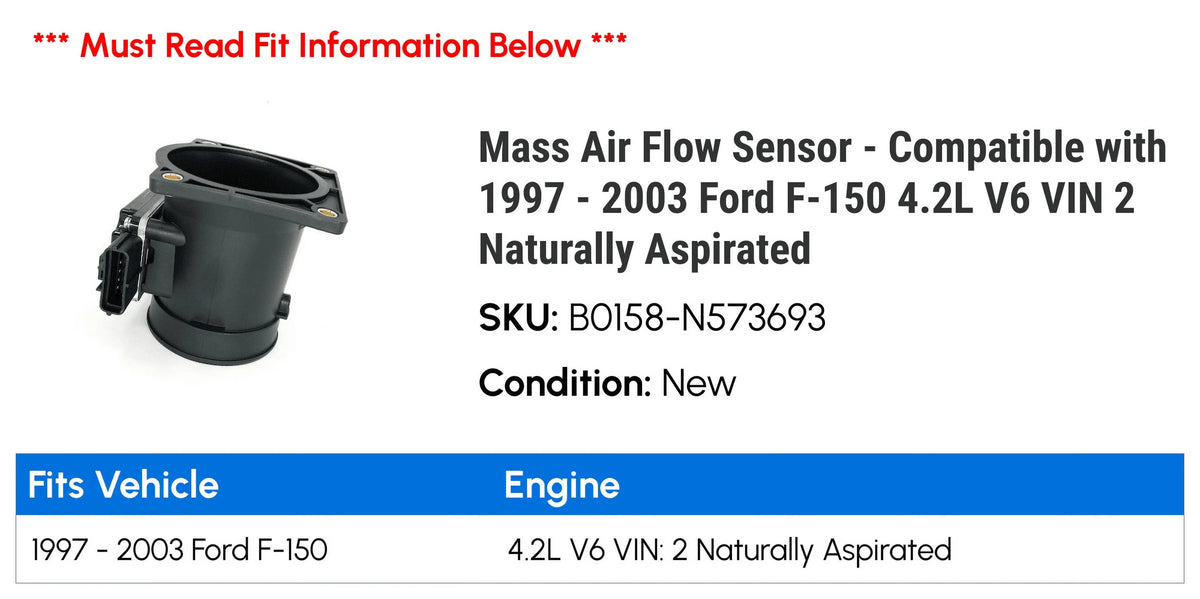 Mass Air Flow Sensor - Compatible With 1997 - 2003 Ford F-150 4.2L V6 Vin 2 Naturally Aspirated 1998 1999 2000 2001 2002