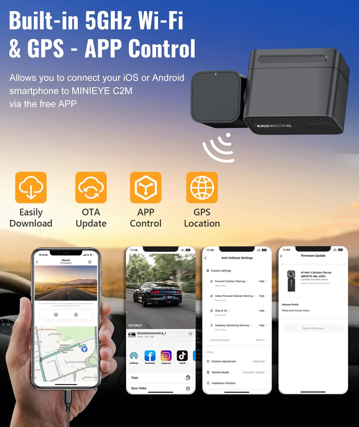 Recording, Device, Dual Avoidance Cars Vision, Loop C2M Rear, 4K+1080P OTA 4K for 5G - Super Collision GPS, APP ADAS, Update Built-in MINIEYE Dash Camera LCD, Cam WiFi AI Front 2.4'' Dash Night and