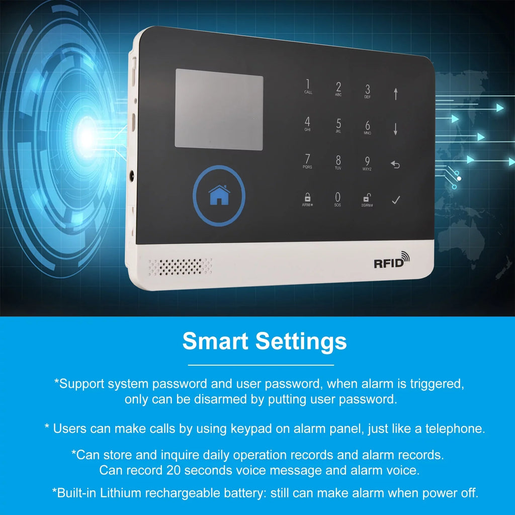 Voice Sensor 433MHz GSM Door Control Wireless Smart APP Home Burglar Motion Control Remote Home WIFI System Alarm System LCD Auto-dial Display Phone Alarm with Compatible Sensor + PIR