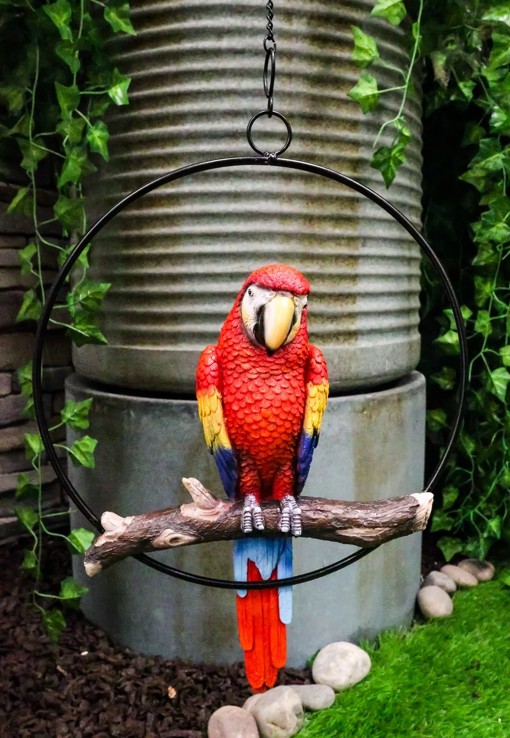 13.5"H on Scarlet Metal Hanging Round in Perching Macaw Ebros Parrot Branch Ring