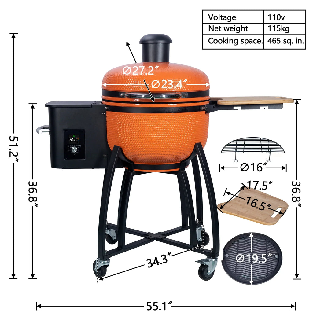 Patio,Orange diameter Roasted 24 Double Pan-roasted Smoked Liner Pellet Ceramic Grill BBQ Gridiron Outdoors with "Ceramic 4-in-1 for 19.6"