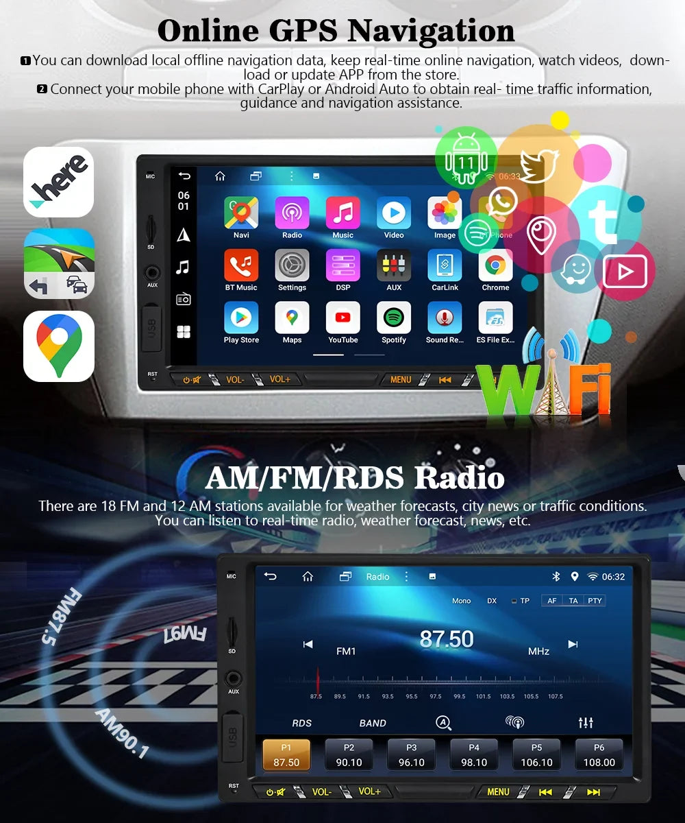 Android 11 Car Stereo With Wireless Apple Carplay Double Din Android Auto Car Radio 7 Inch Ips G+G Touch Screen Bluetooth Wifi Gps Navigation Mirrorlink Dsp Octa Core Backup Camera
