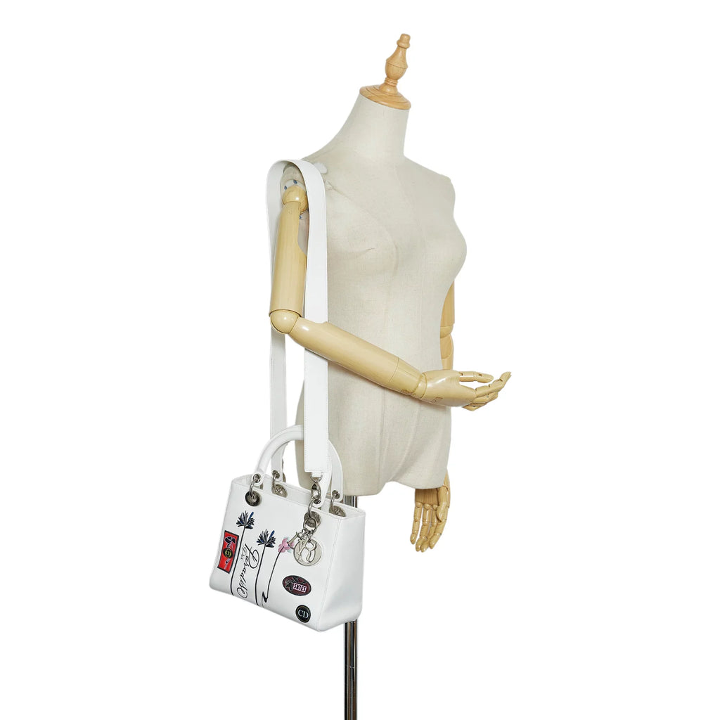 Dior White Lambskin Authenticated Leather Satchel Lady Unisex Pre-Owned Paradise (Good) Medium