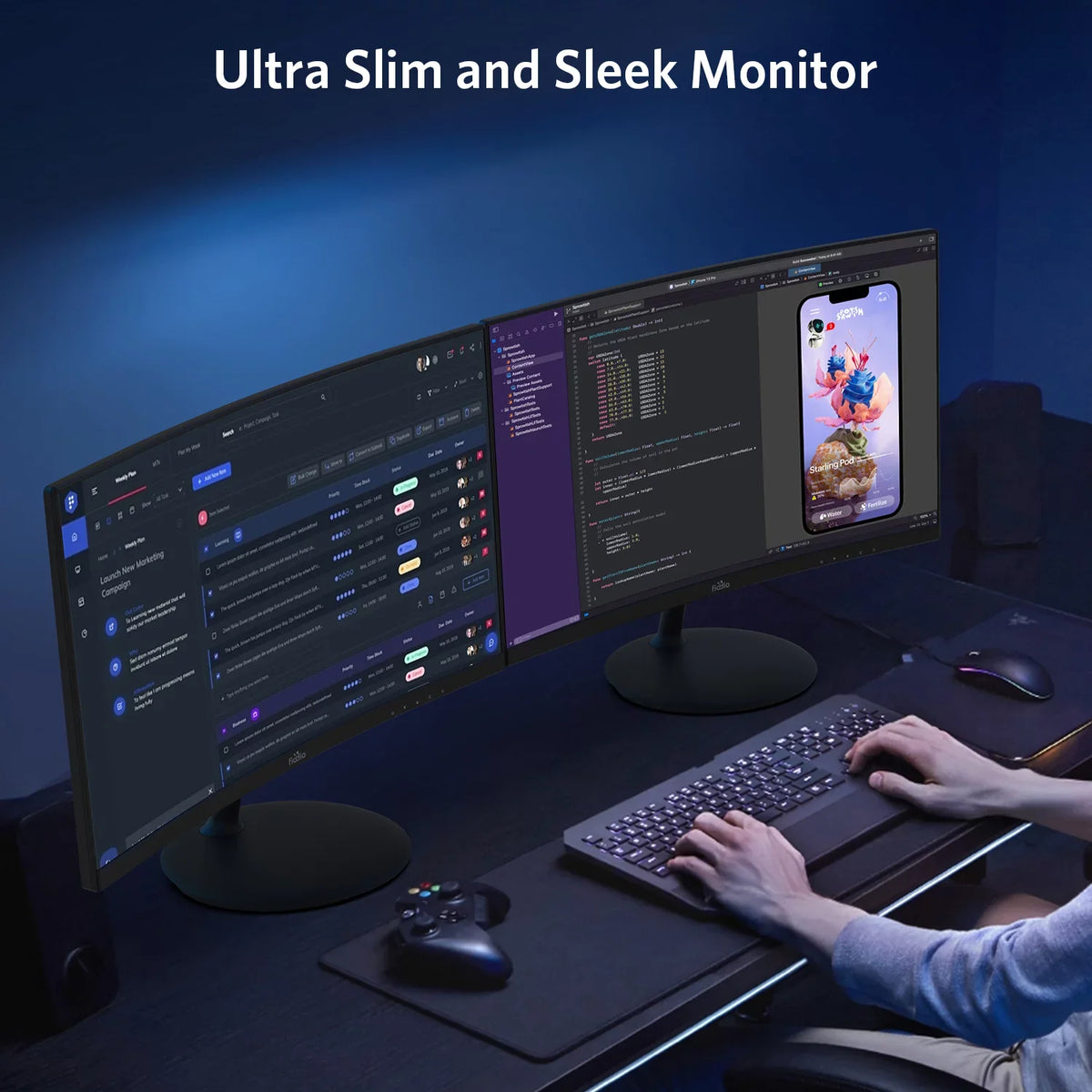 Fiodio with Ports 24" Monitor Rate Curved Cable LED Wall Ready Speakers, Mount 75Hz VESA 1080P (HDMI VGA FHD Refresh HDMI Included)