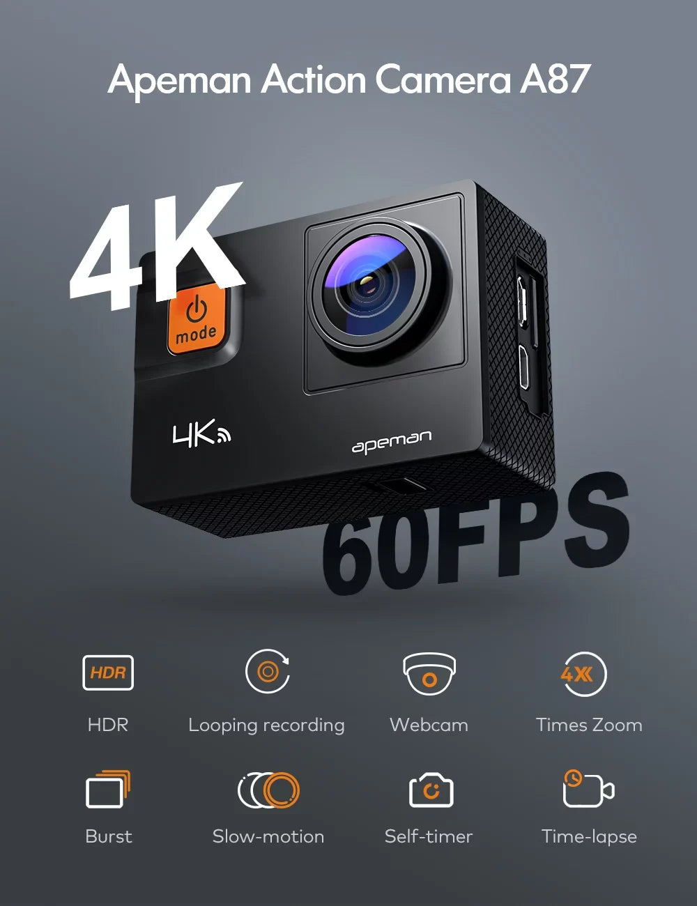 Skateboard A87 20MP Touchscreen WiFi Camcorder UHD Underwater Motorbike Apeman and Action Camera for Camera, 4K/60fps