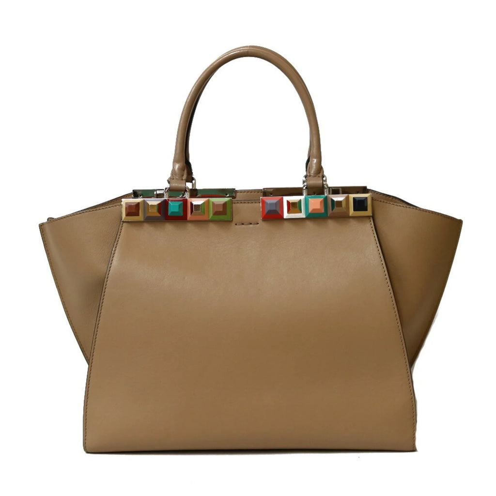 FENDI Beige Trois Bag Shoulder Women's Leather Pre-Owned (Good) Heors