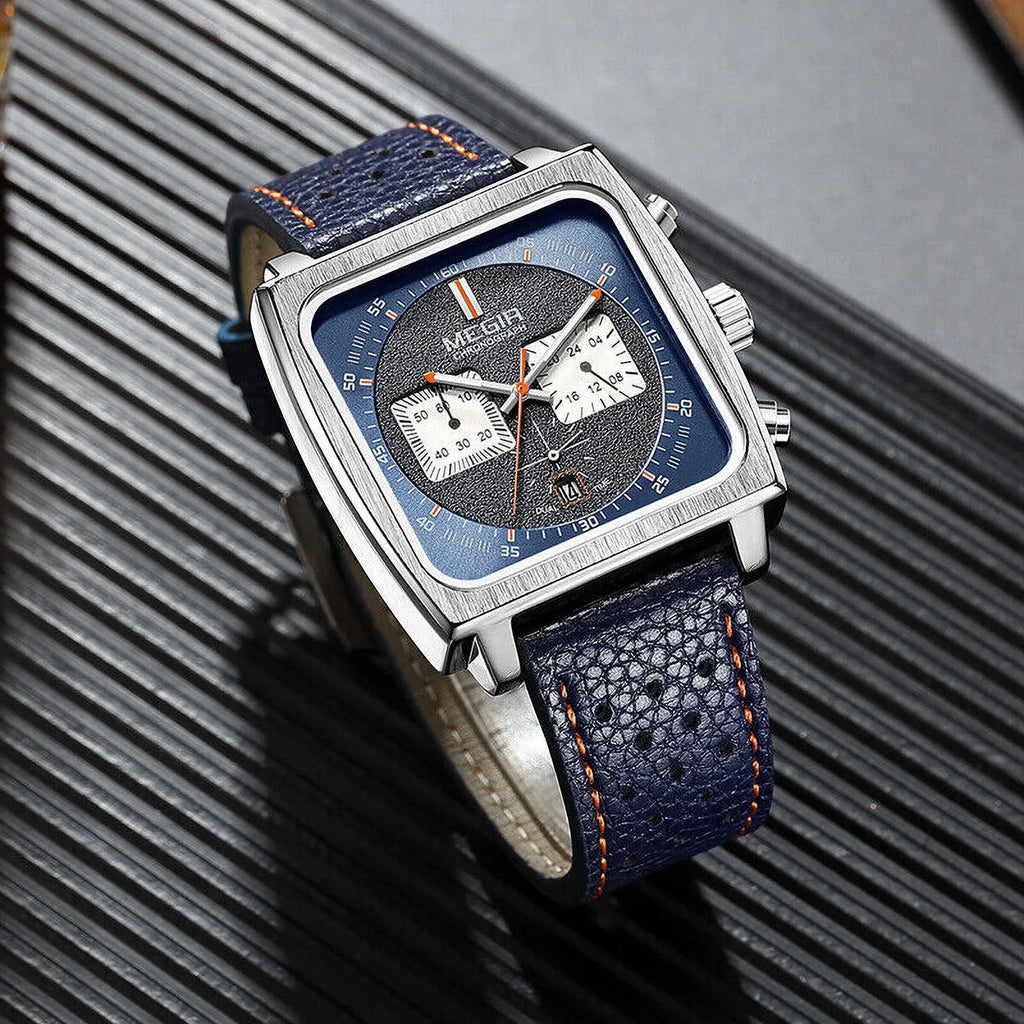 Display Watch Men's Date MEGIR Leather - Watch KingFurt Dial Square Waterproof Blue Luminous, Quartz -