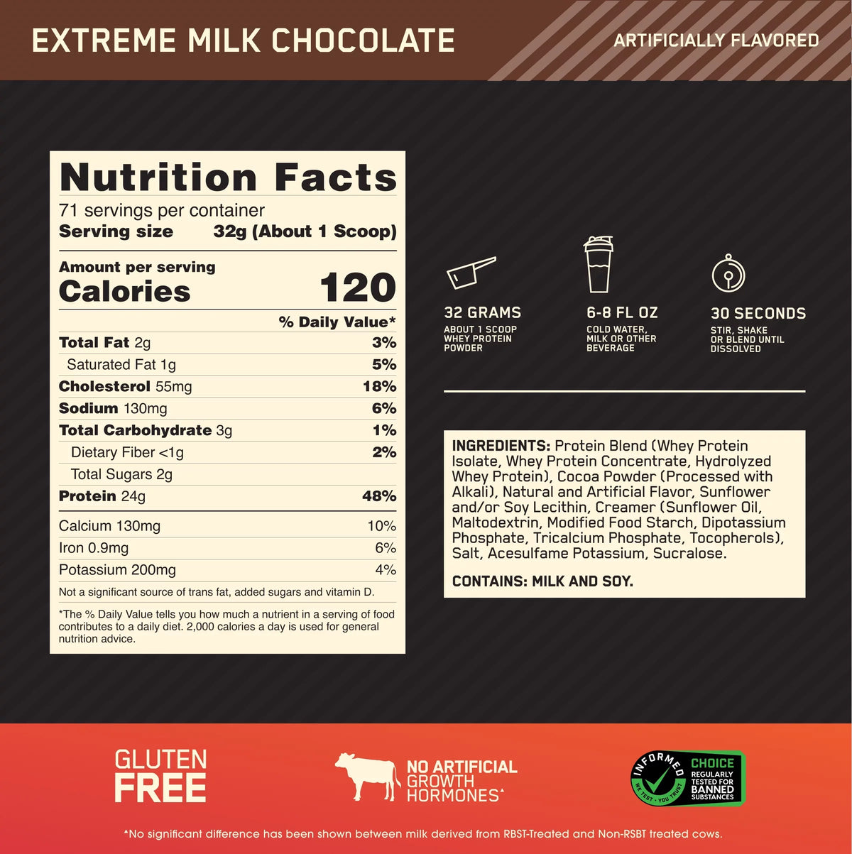 Optimum Nutrition, Gold Standard 100% Whey Protein Powder, Extreme Milk Chocolate, 5 Lb, 71 Servings