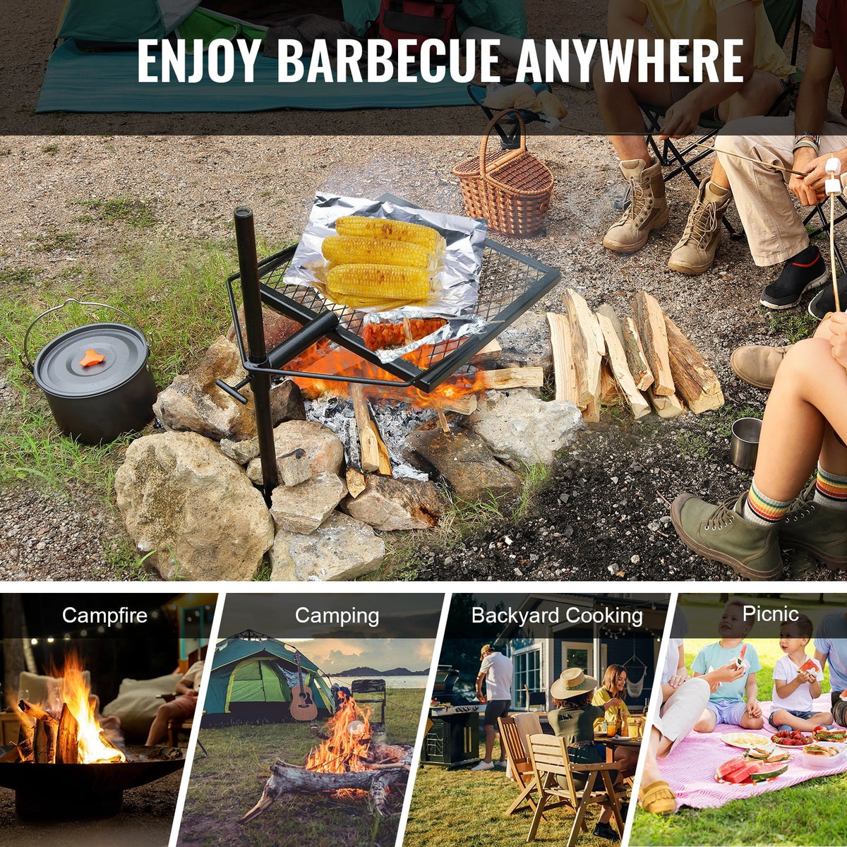 Duty Grate x Adjustable Grill Steel Cooking 16" Swivel BENTISM Open Campfire Heavy 16" Fire