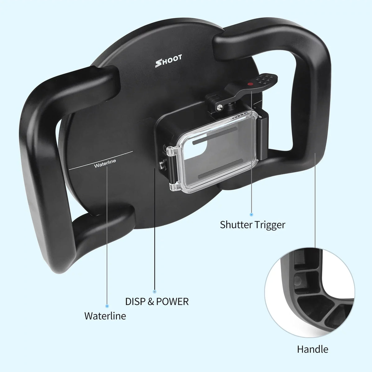 SHOOT 10 XTGP559 Hero Handle Port Hero 45m 180° Dome for Case Dual Angle Black Wide - Waterproof, 9