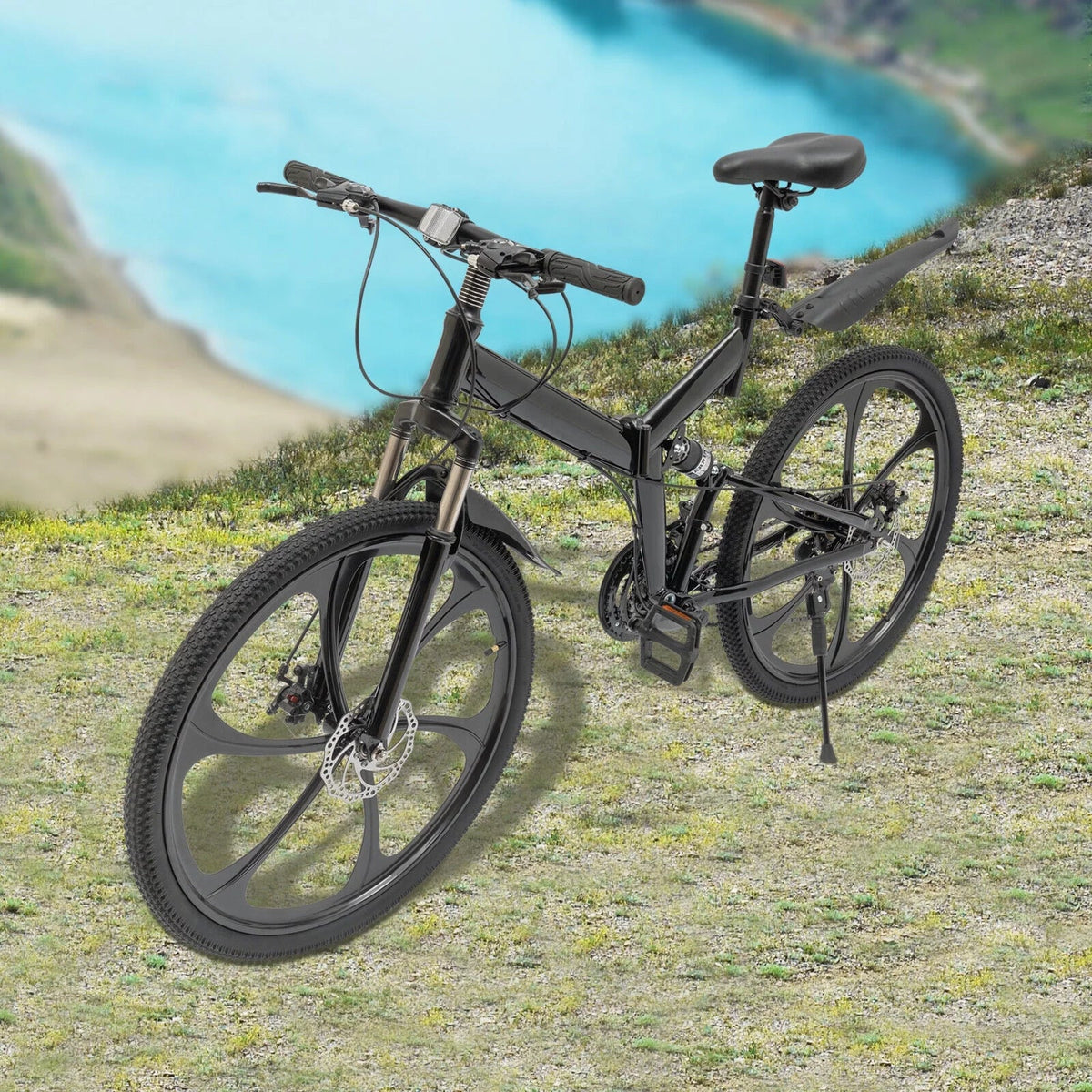 Miumaeov 26" Black Adult Folding Bike 21-Speed Shifter Folding City Bike Lamp Weight Carbon Steel Camping Bicycle Max Loading 150Kg/330Lbs