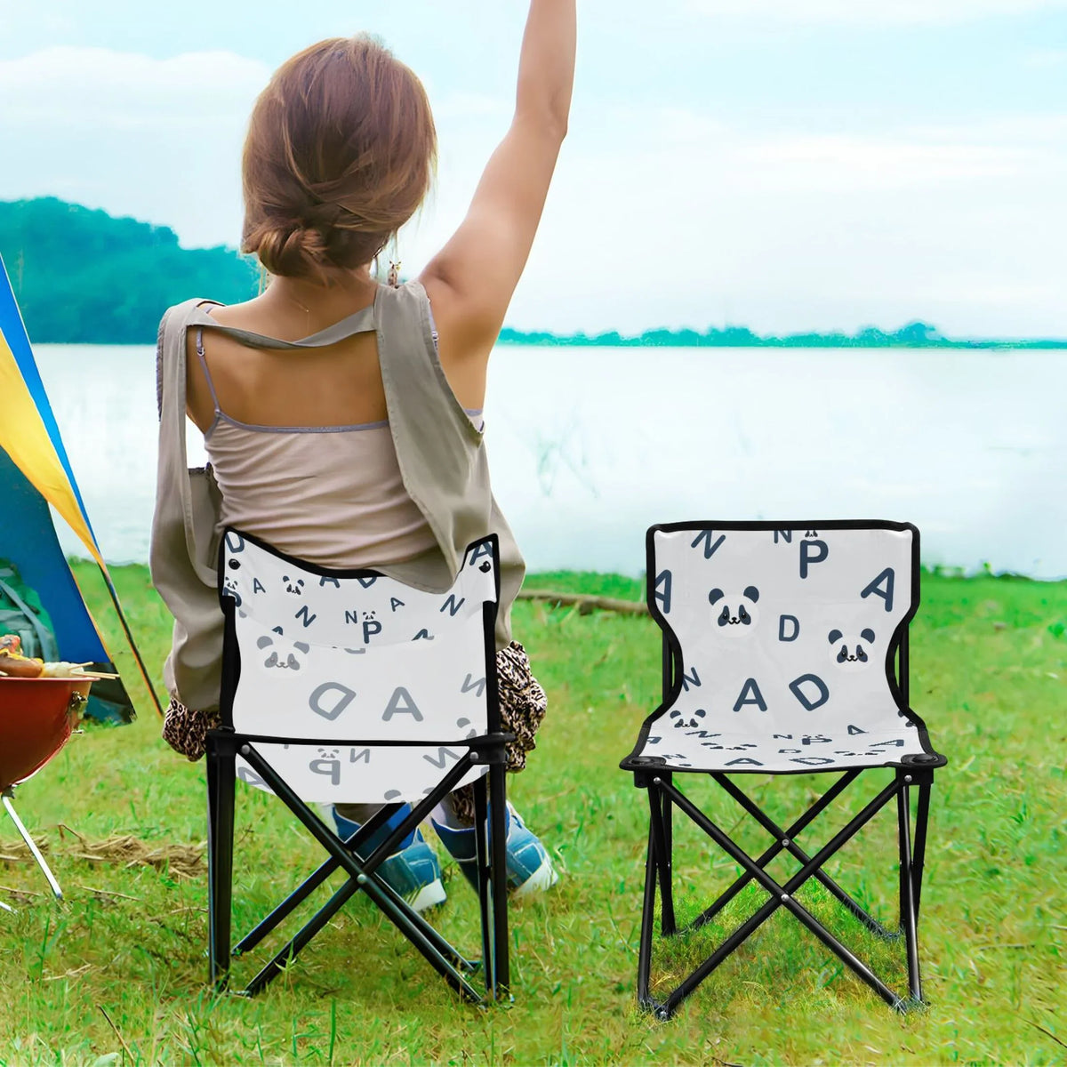 Cartoon Pandas And Alphabet Portable Camping Chair Small For Kids Outdoor Folding Beach Chair Fishing Chair Lawn Chair With Carry Bag