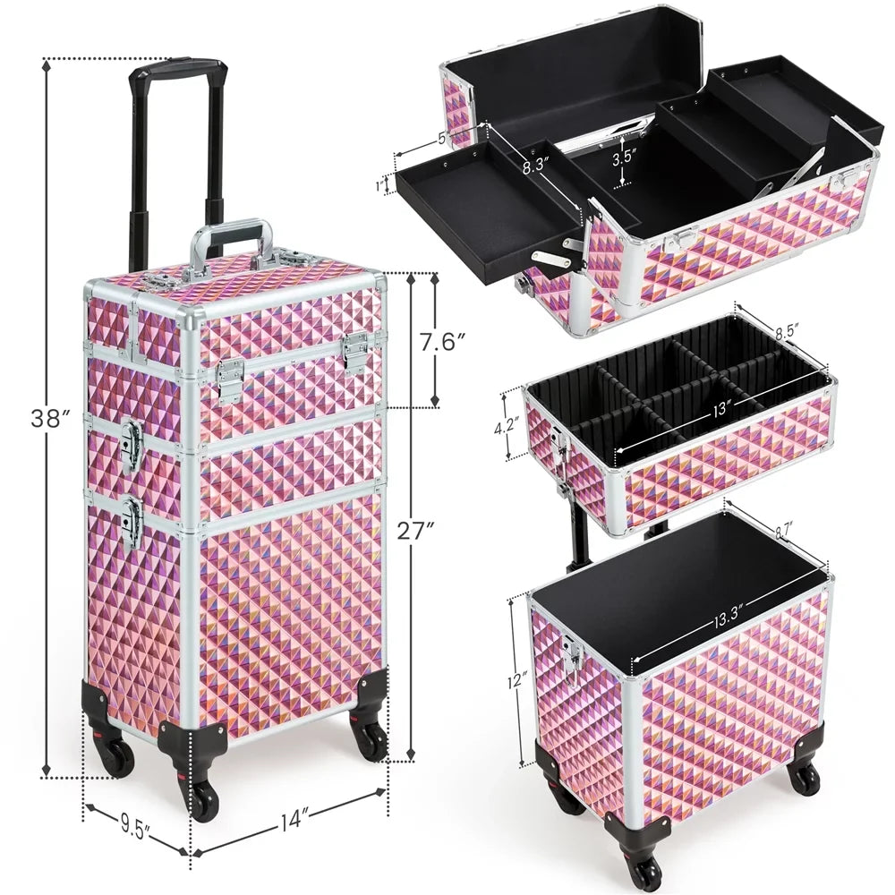 with 3-in-1 Trolley Large Makeup Rolling Case Storage, Topeakmart Pink Train Cosmetic
