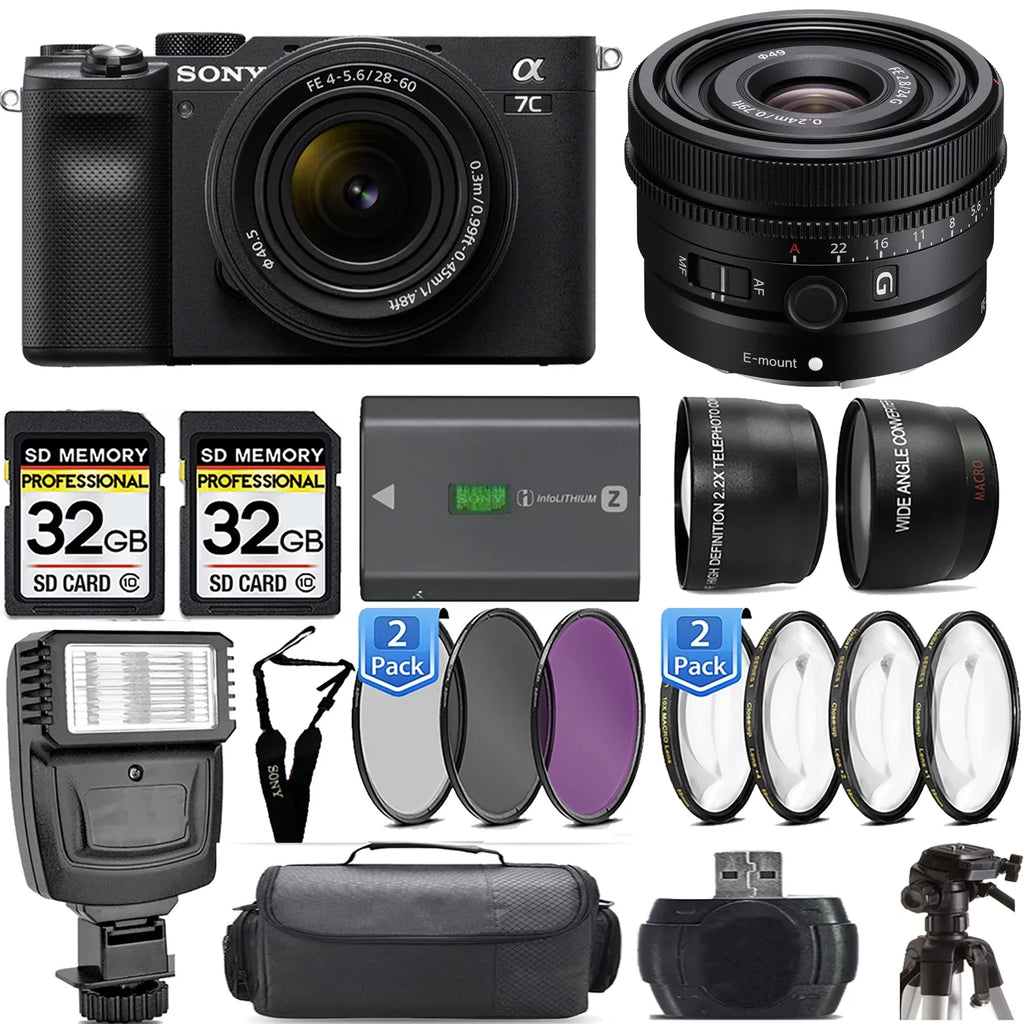 a7C (Black) +Flash- Mirrorless 28-60mm G Lens+24mm with Kit Lens Camera f/2.8