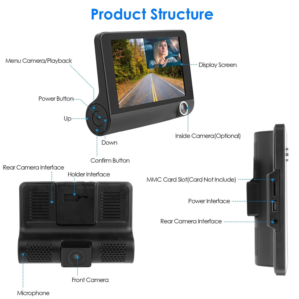 Imountek Dash Cam For Cars, 1296P Full Hd Dash Camera With 4Inch Lcd Display, 3 Channel Dash Cam With Night Vision, Driving Recorder